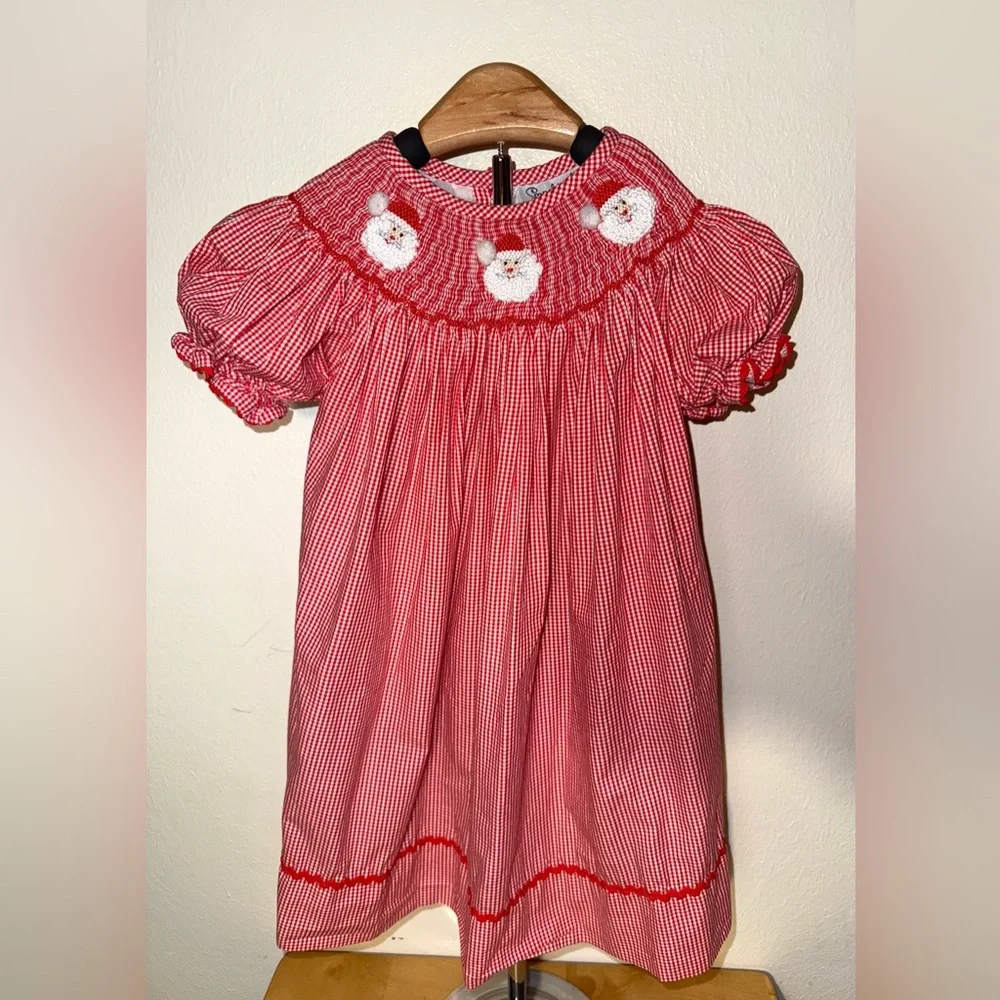 Smockingbird gingham smocked bishop dress with Santa faces, sir 24 mos - Picture 2 of 5